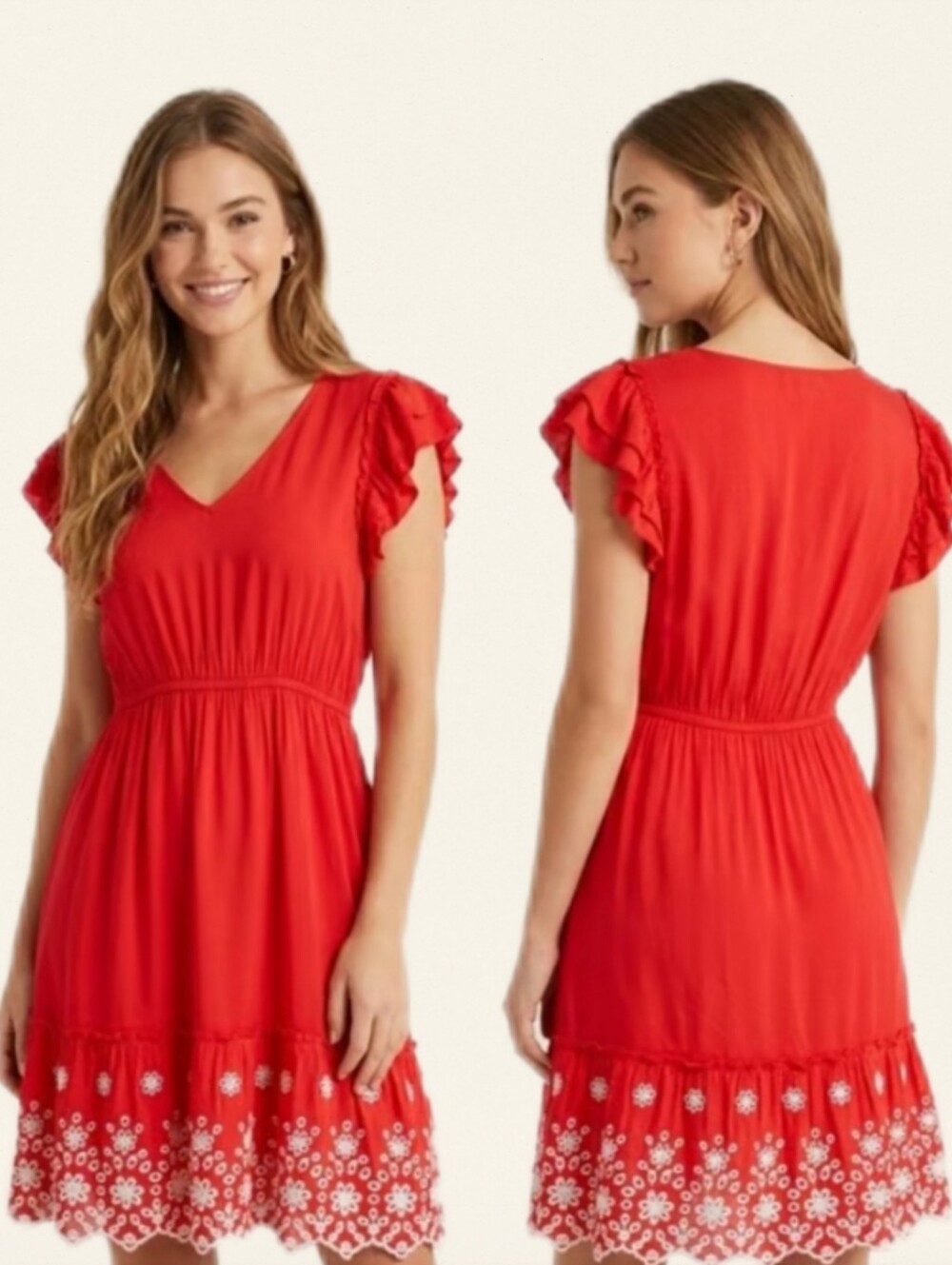 Solitaire Red V-Neck Mini Dress with Embroidered Hem